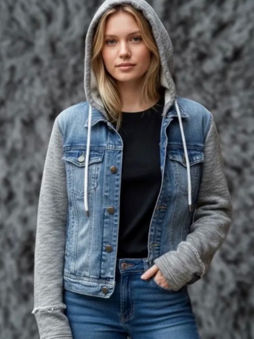 Free People | Hooded Jean Jacket Distressed Denim Knit Sleeves & Hood XS